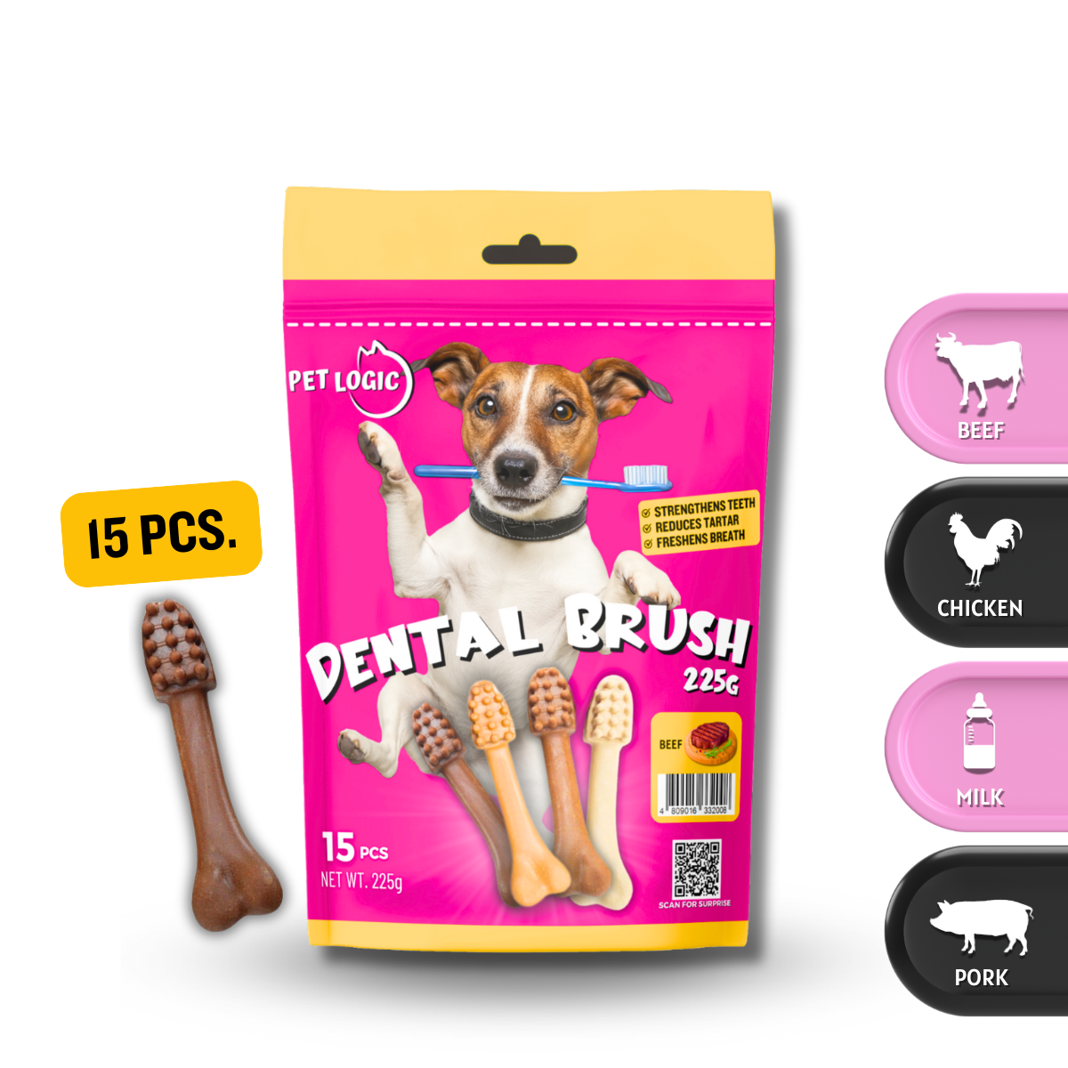 Pet Logic Dental Brush Bones 225g (Pouch) Dog Treats - Main Image