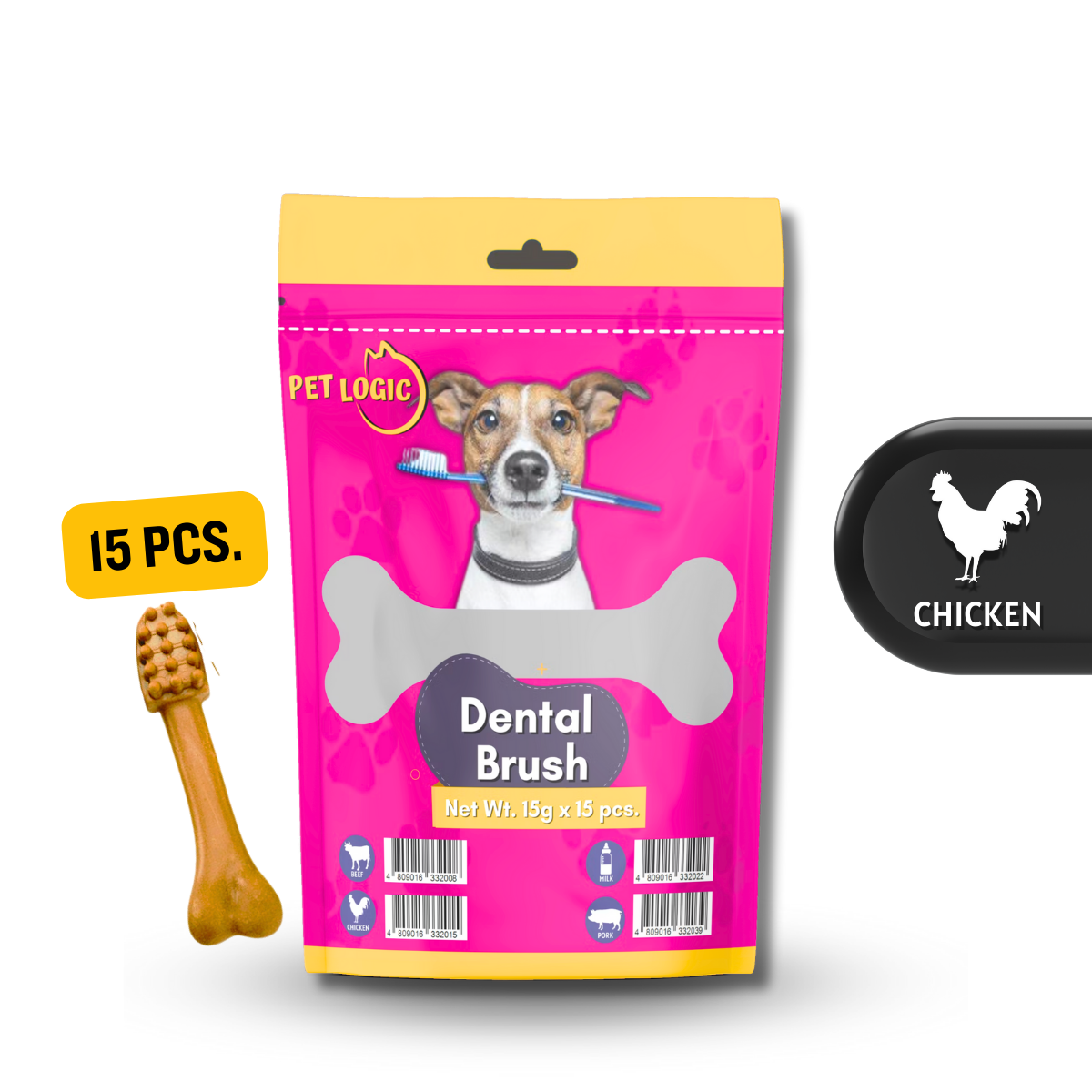 Pet Logic Dental Brush Bones 15g X15 CHICKEN (Pouch) Dog Treats